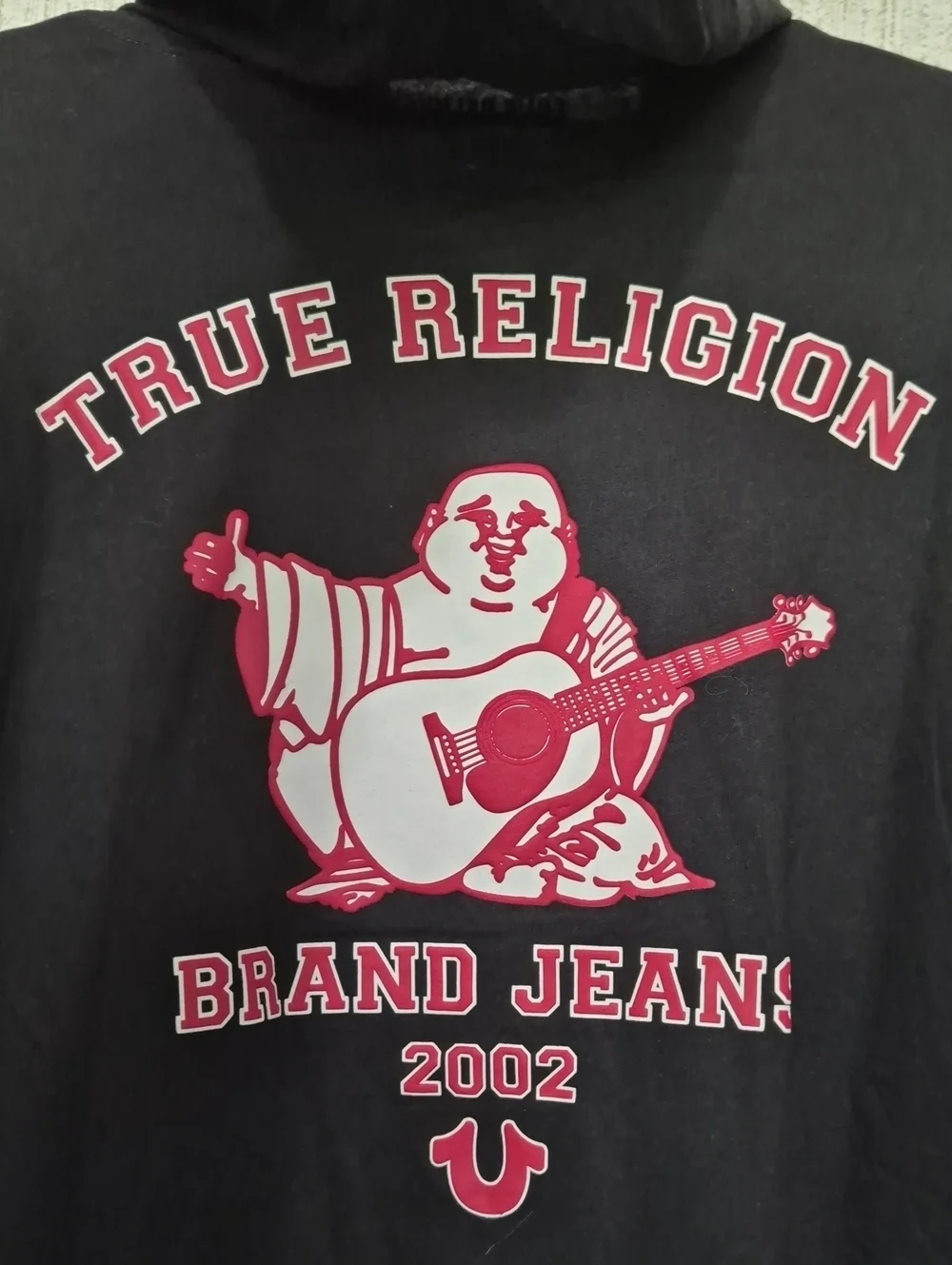 True Religion Buddha Hoodie Tee Jet Black Red Graphic Size L NWT